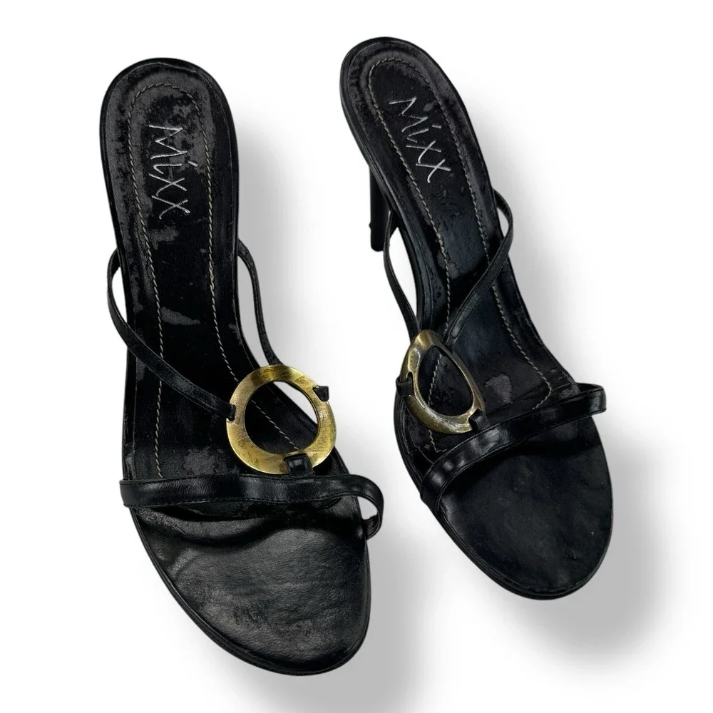 Mixx Black & Gold Heeled Strap Sandals Womens Size 9 - Picture 1 of 9